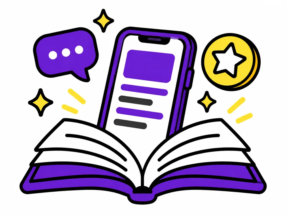 A phone rising out of an open book with a chat bubble and a star coin