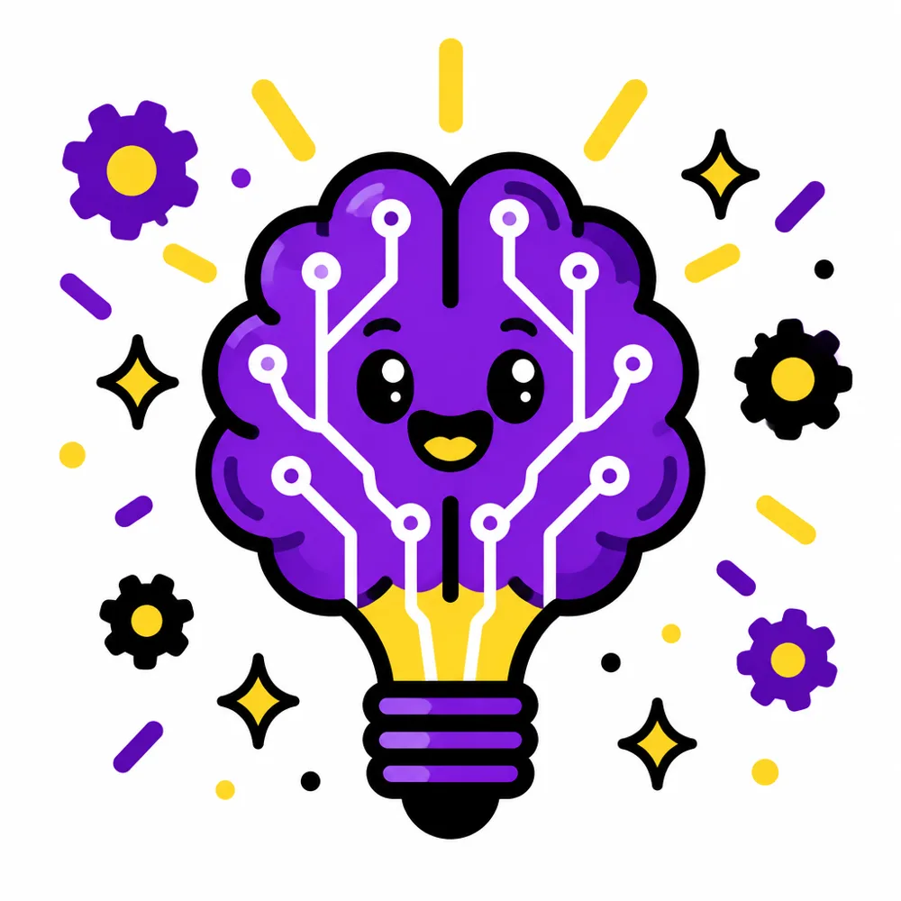 A smiling brain-shaped lightbulb with circuit lines and gears