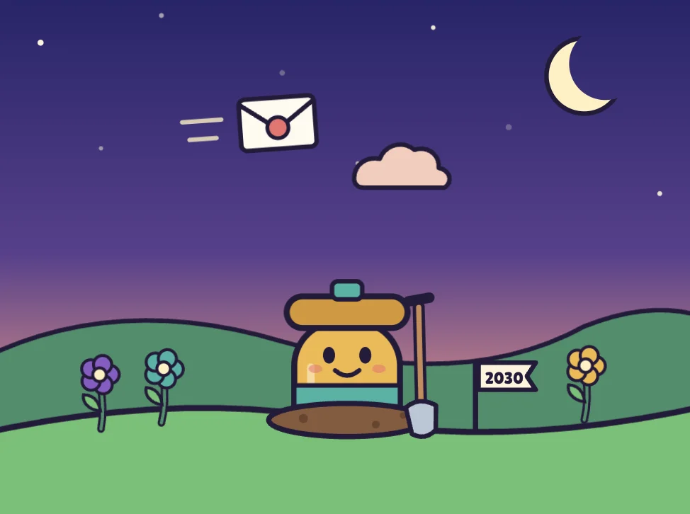 A smiling time capsule buried on a hill at night, with a letter flying overhead and a 2030 flag