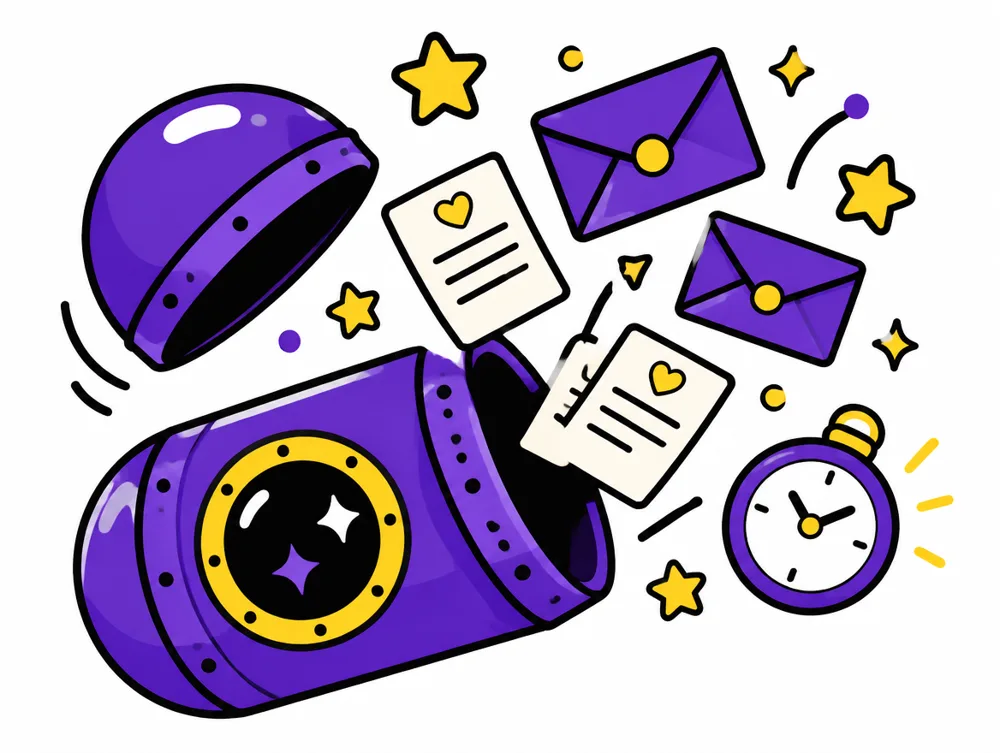 An open capsule with letters, envelopes, stars and a clock flying out