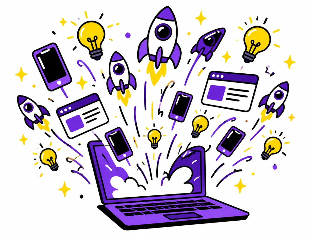 Rockets, phones, browser windows and lightbulbs launching out of a laptop